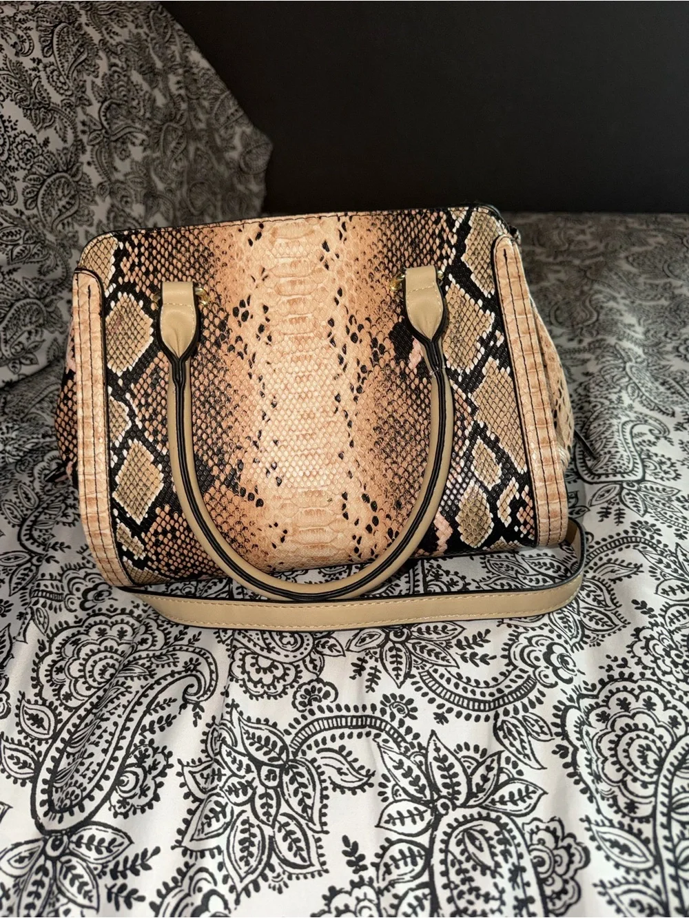 Coach Python-Print Satchel Handbag in Beige and Black